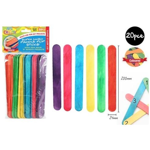 20pce Super Jumbo Paddle Pop Sticks 20cm Colour - CRAFT2U