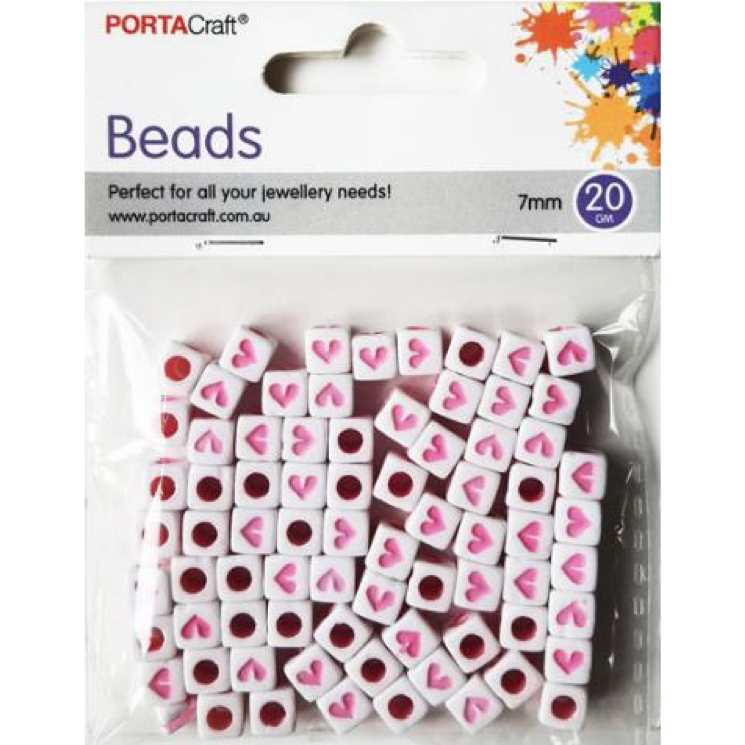 7mm Cube White with Pink Hearts Beads 20g