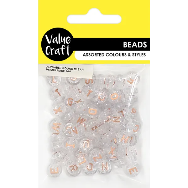 Alphabet Round Clear Beads Rose Gold 25g - VCB108
