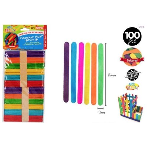 100pce Paddle Pop Sticks 11.4cm Colour - CRAFT2U