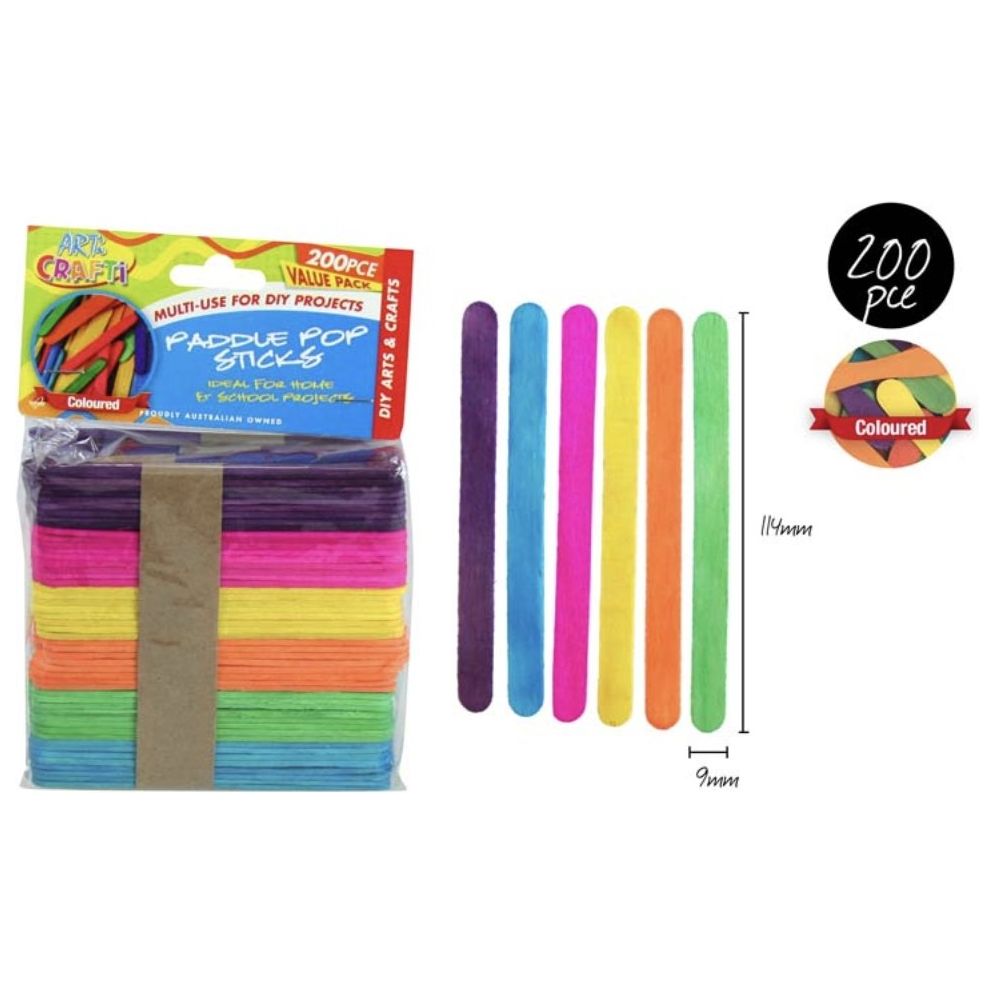 200 pce Paddle Pop Sticks- 1.4cm Colour - CRAFT2U