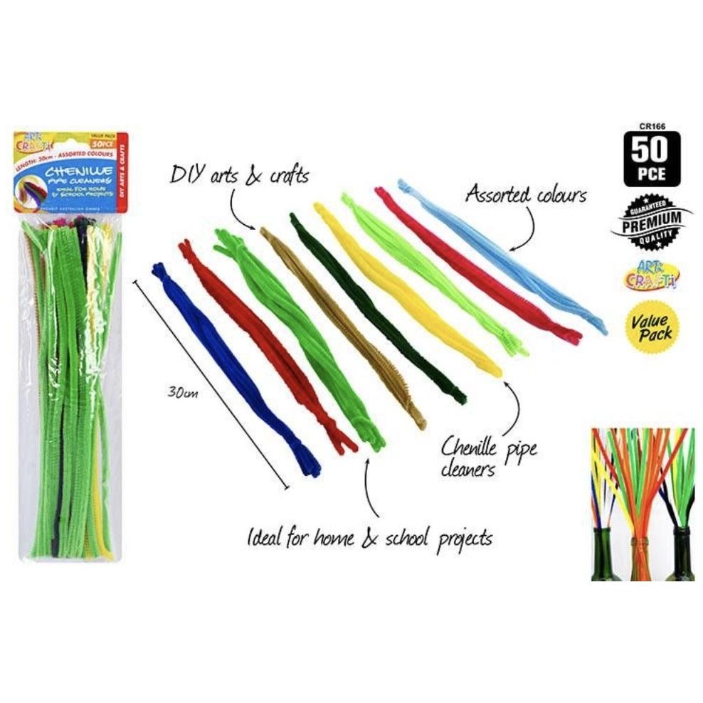 50 pce Chenille Pipe Cleaners 30cm Assorted - CRAFT2U