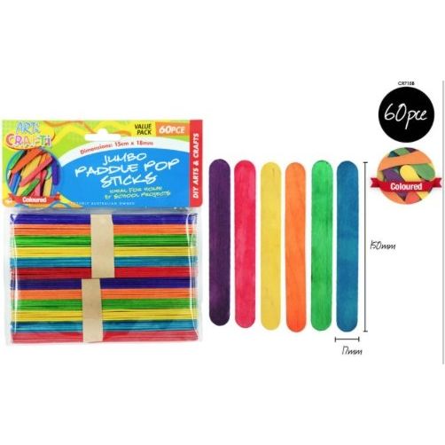 60pce Jumbo Paddle Pop Sticks 15cm Colour - CRAFT2U