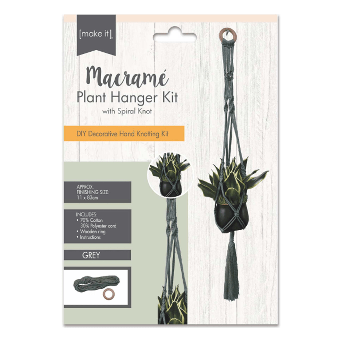 Macrame Plant Hanger Kit with Spiral Knot - Grey